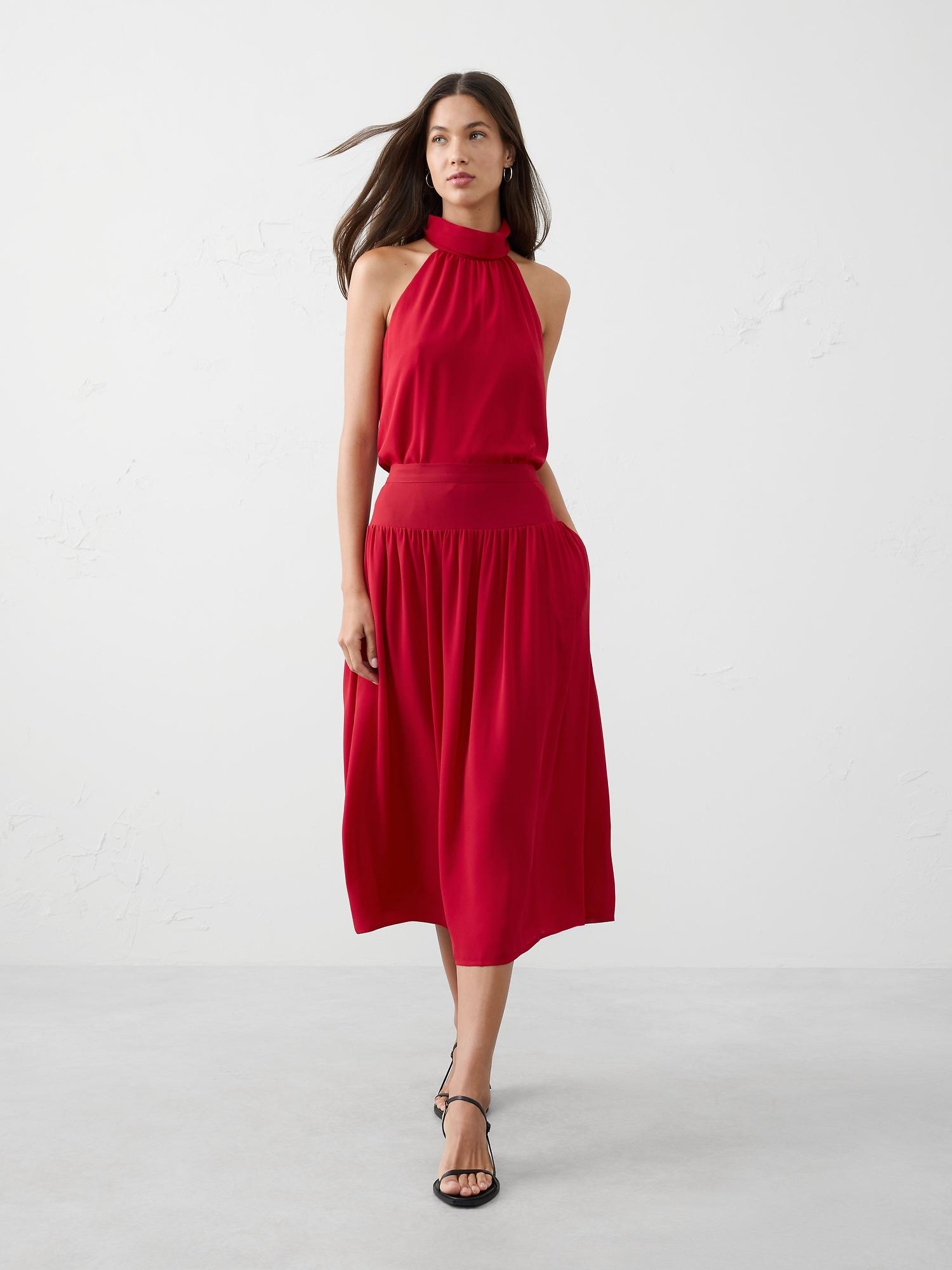 dropped-waist midi skirt