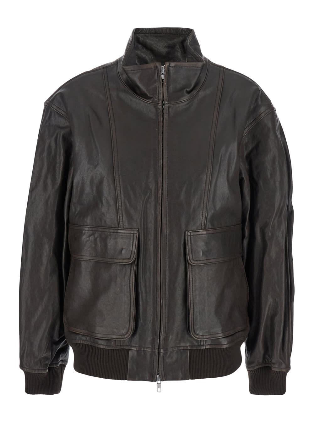 dunst brown jacket with two front pockets and distressed effect in leather woman