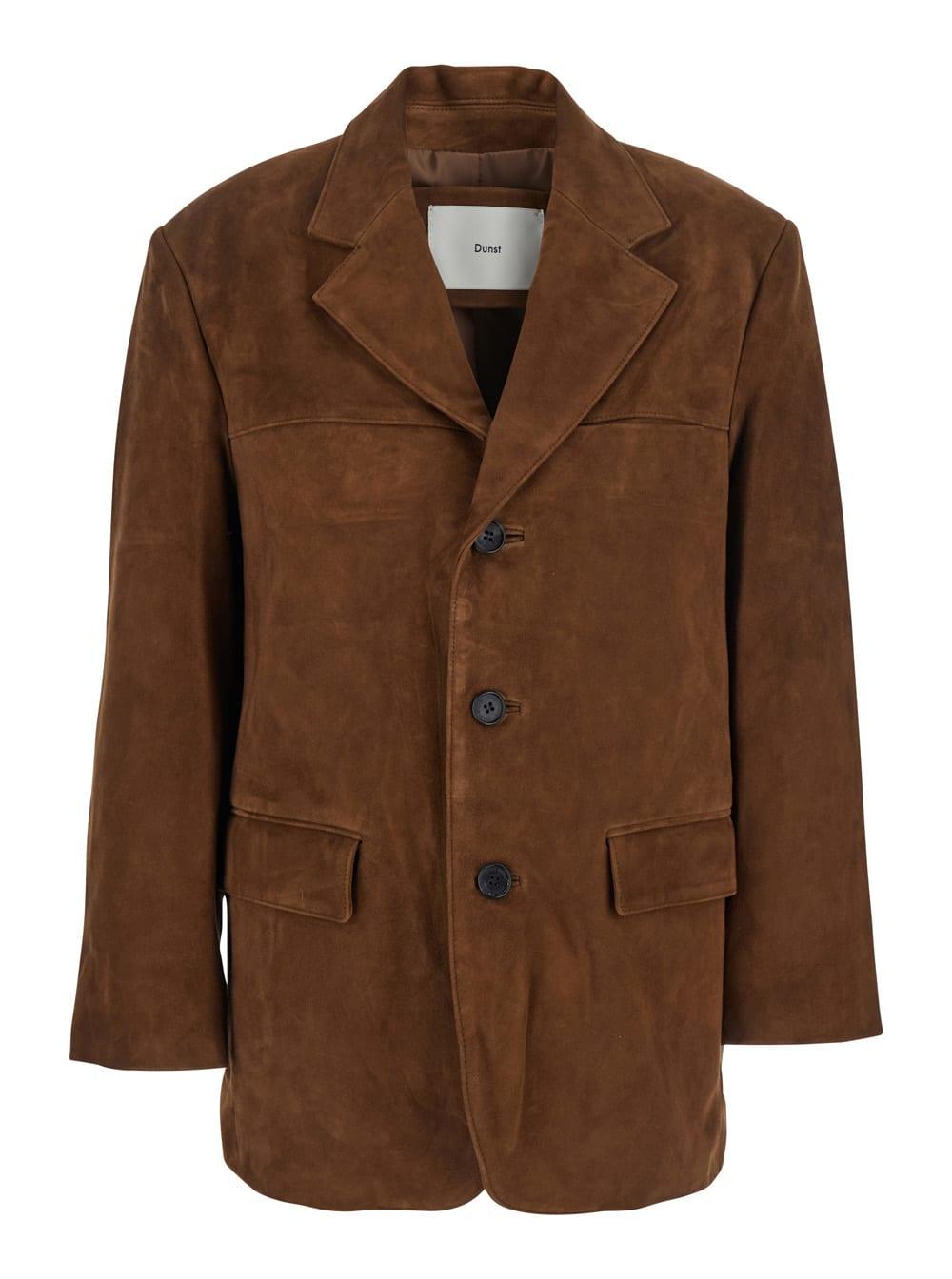 dunst brown single-breasted jacket with classic lapels in suede woman