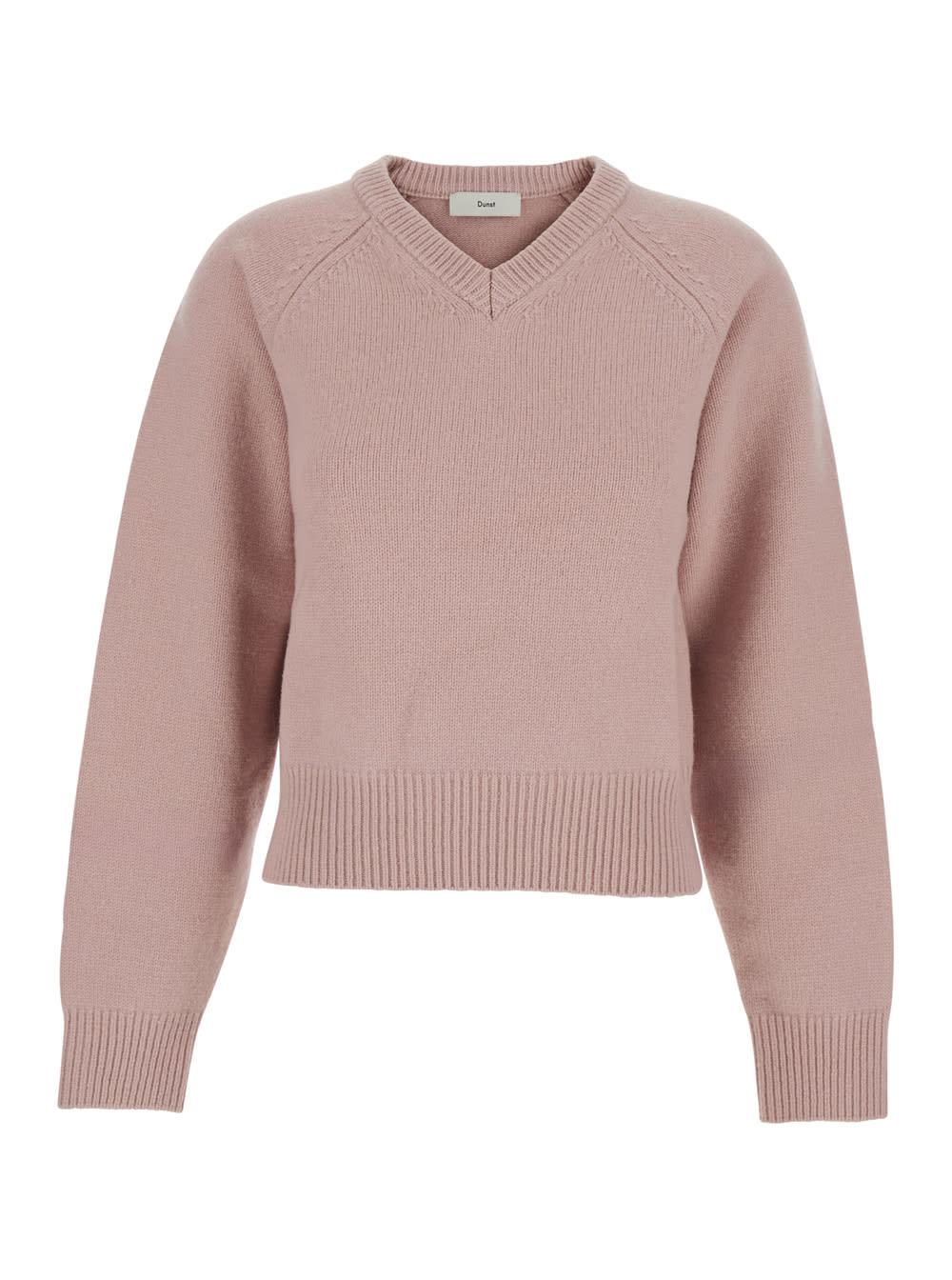 dunst pink sweater with v neck and ribbed trims in wool woman