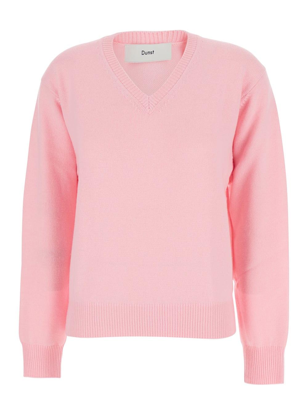 dunst pink v-neck sweater with ribbed details in cashmere woman