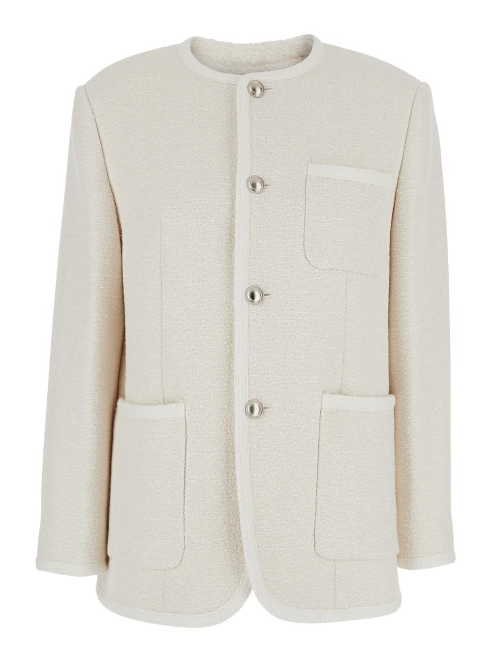 dunst white crewneck jacket with three front pockets in cotton blend for women