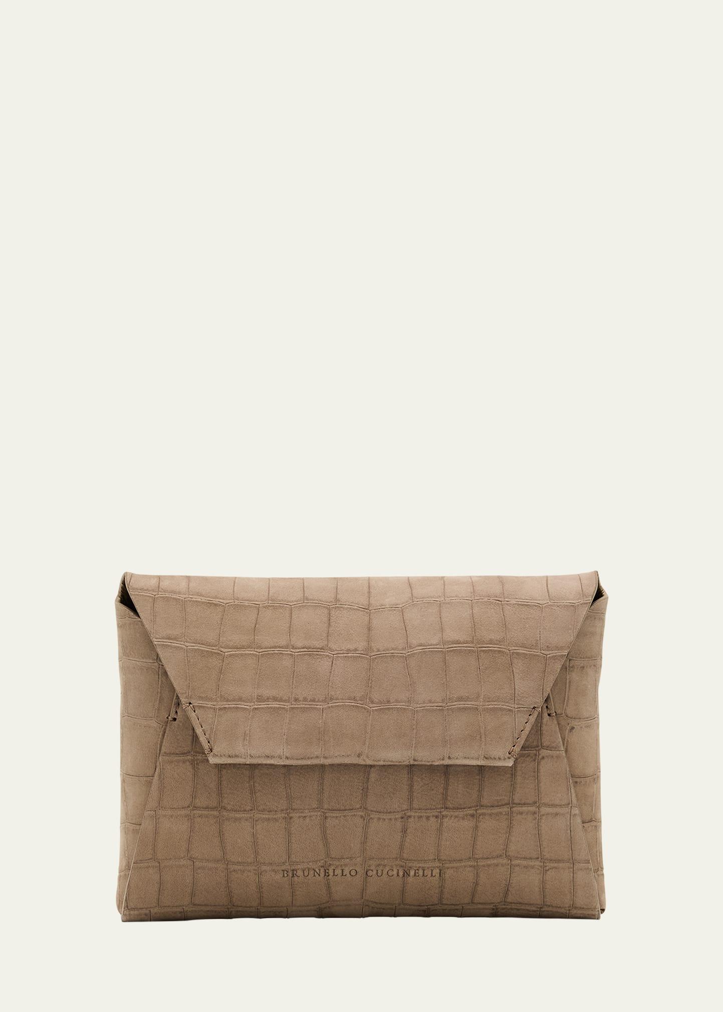 duo mini croc-embossed suede pouchette clutch bag