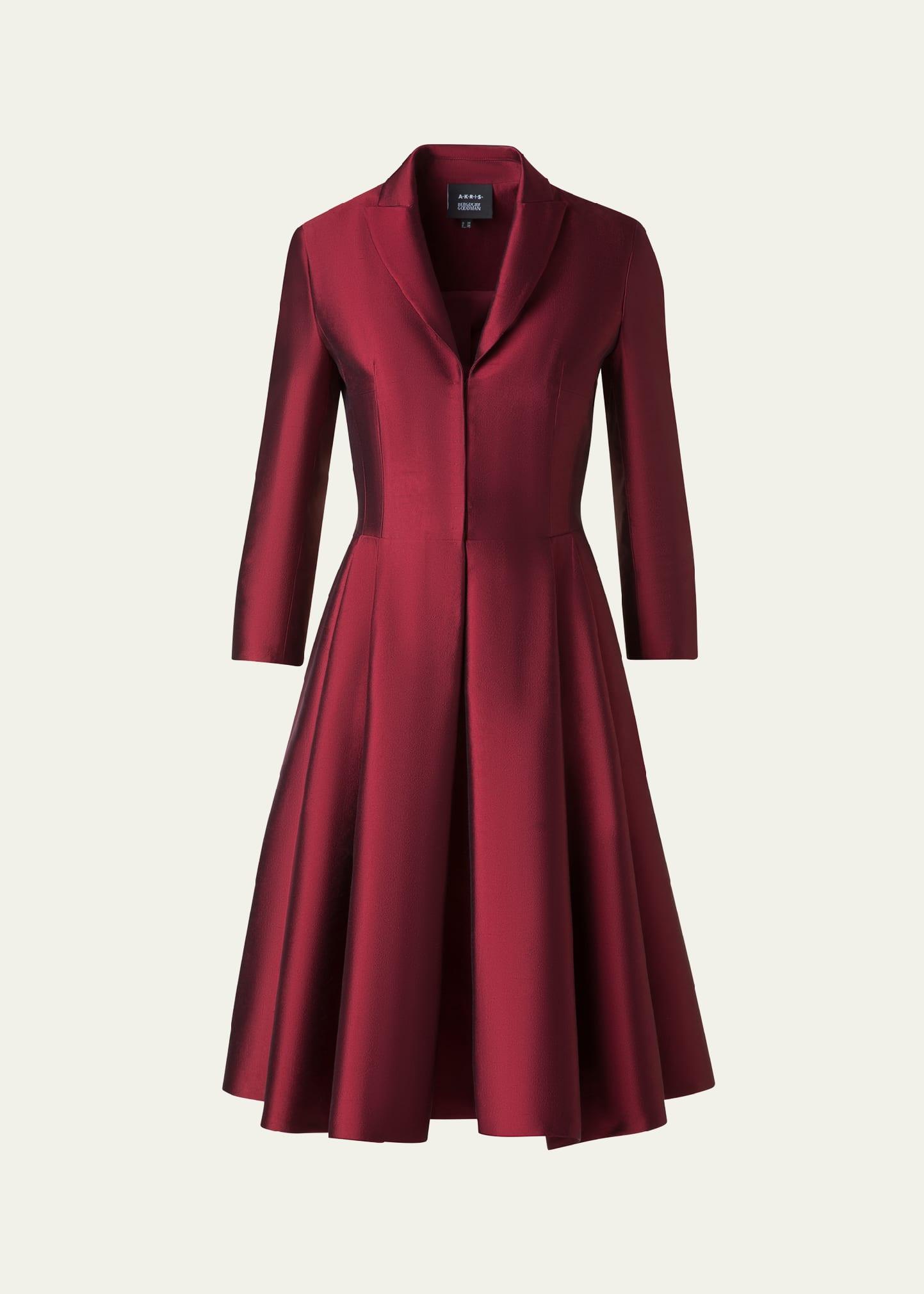 dupion three-quarter sleeve pleated cocktail dress