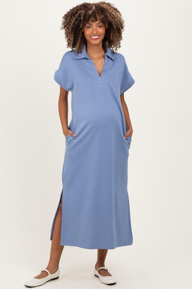 dusty blue collared short sleeve maternity midi dress