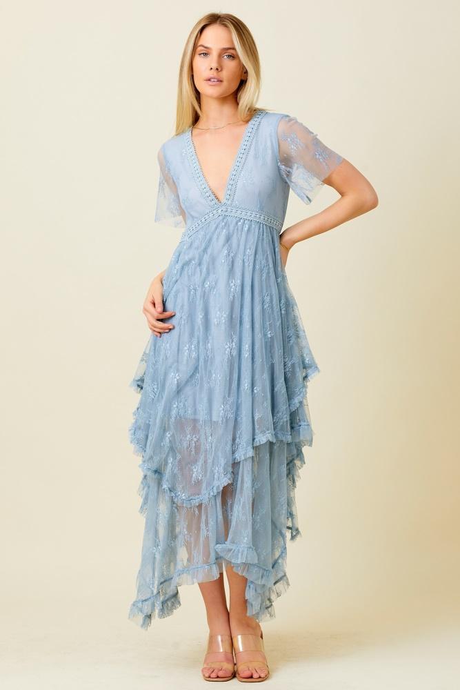 dusty blue embellished lace hem dress