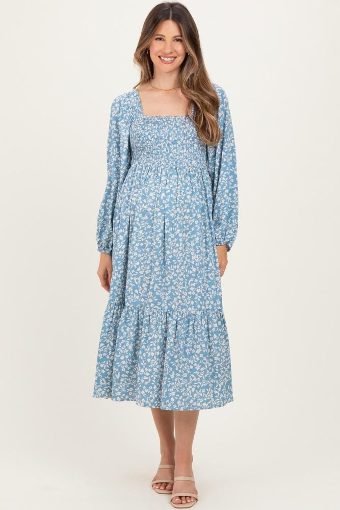 dusty blue floral square neck maternity maxi dress