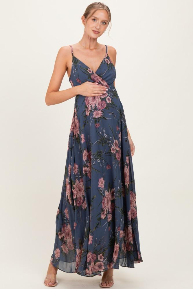 dusty blue floral v-neck sleeveless maternity maxi dress