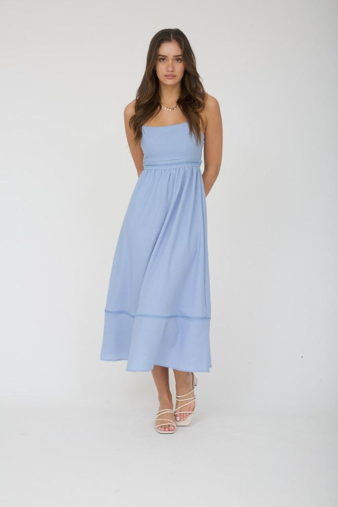 dusty blue linen blend sleeveless midi dress
