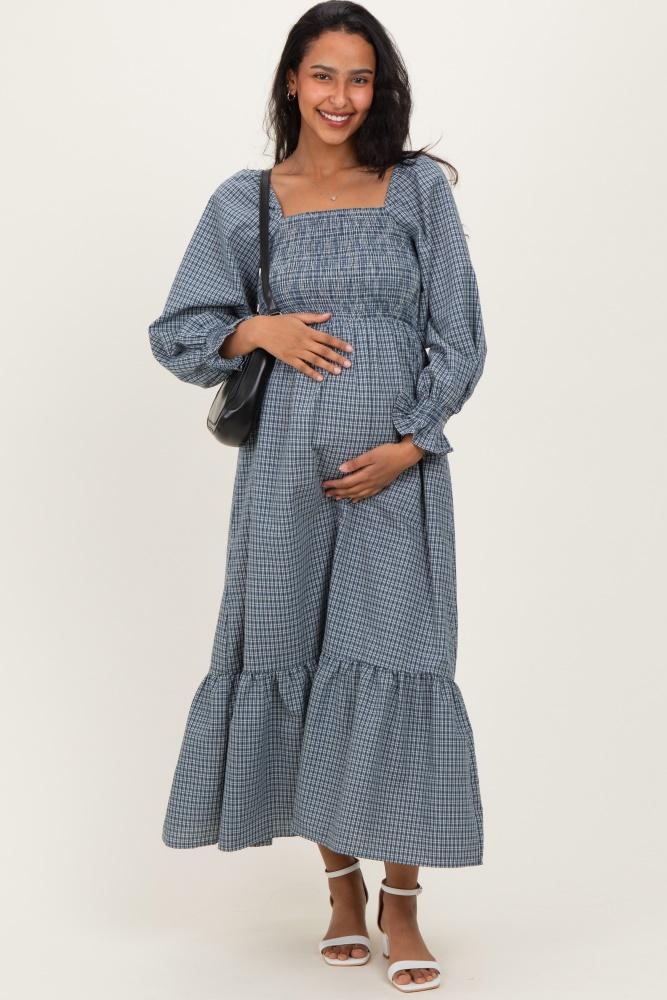 dusty blue plaid square neck long sleeve maternity maxi dress