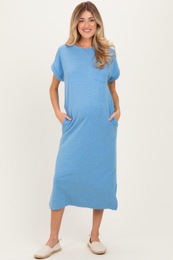 dusty blue pocket front maternity midi t-shirt dress
