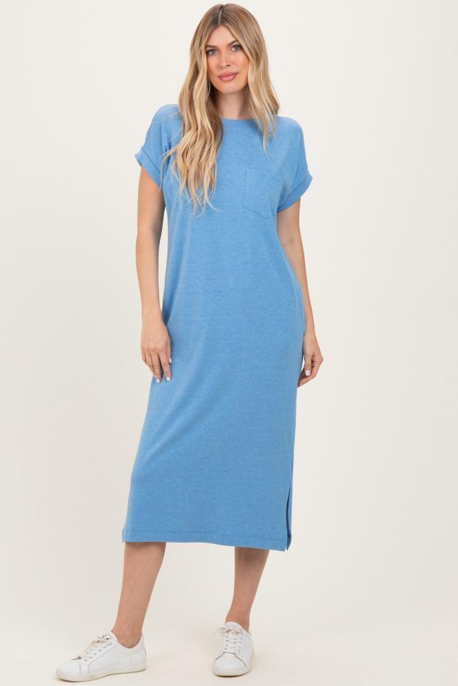 dusty blue pocket front midi t-shirt dress