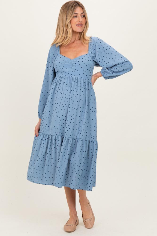 dusty blue polka dots sweetheart neck maternity midi dress