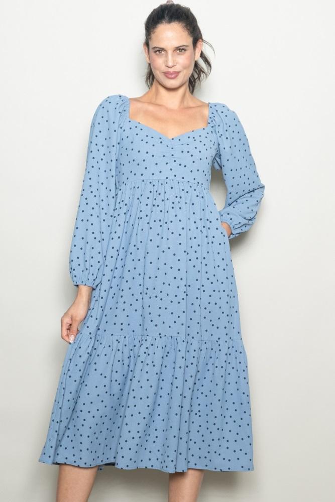 dusty blue polka dots sweetheart neck midi dress
