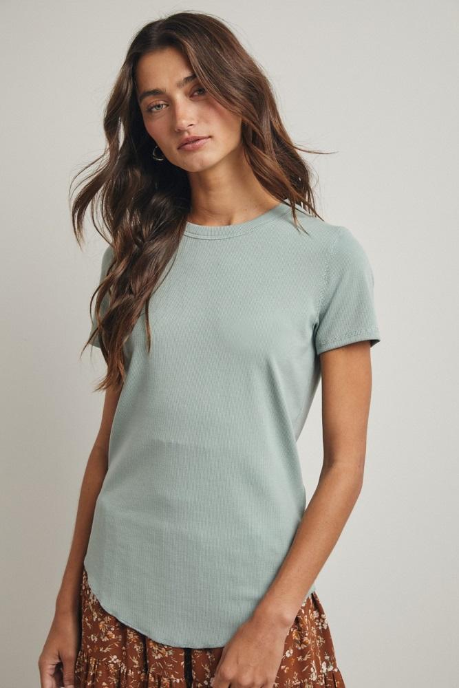 dusty mint ribbed short sleeve curved hem top