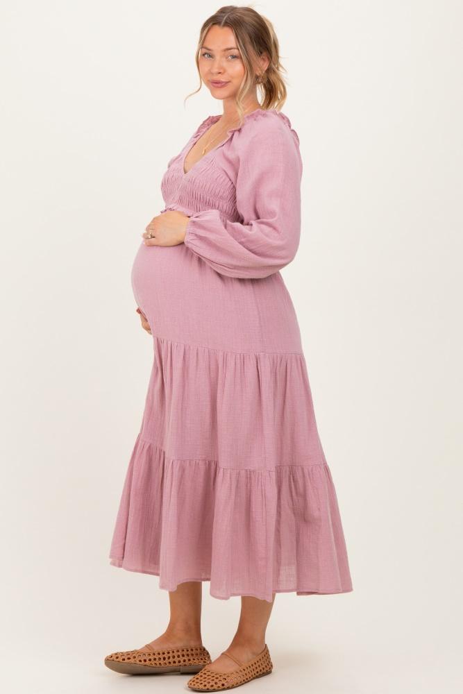 dusty rose smocked long sleeve maternity midi dress