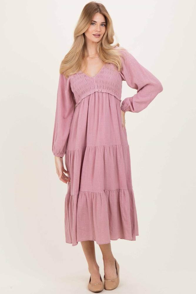 dusty rose smocked long sleeve midi dress