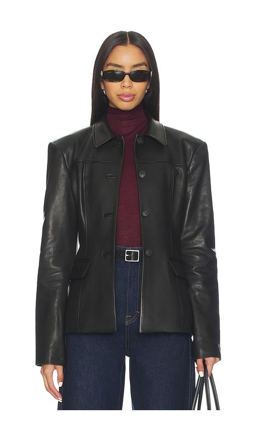 eaves aina leather cinched jacket in black.