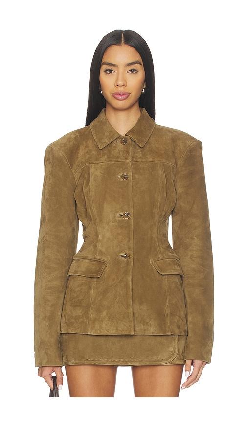 eaves aina suede cinched jacket in brown.