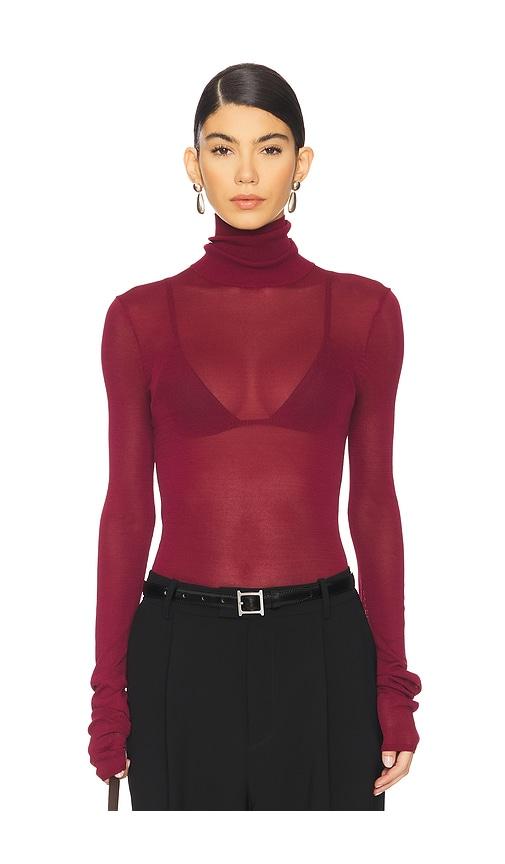 eaves alexander sheer turtleneck sweater in burgundy.