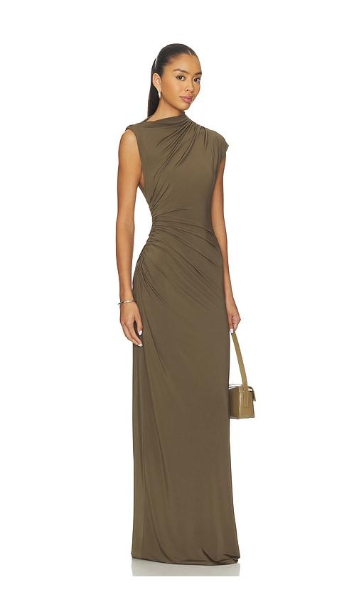 eaves auda gown in olive.