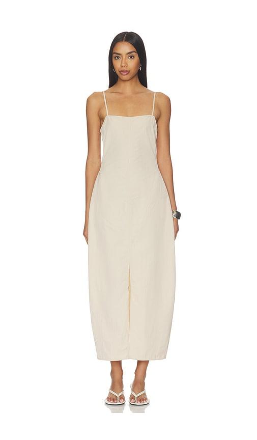 eaves eva curved maxi dress in beige.