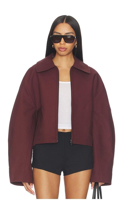 eaves karlie cocoon sleeve jacket in burgundy.