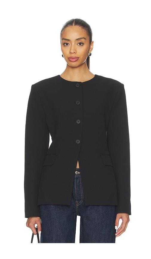 eaves keki collarless blazer in black.