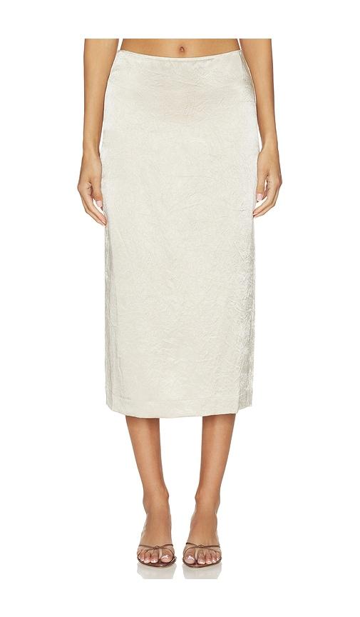 eaves kory midi skirt in metallic neutral.