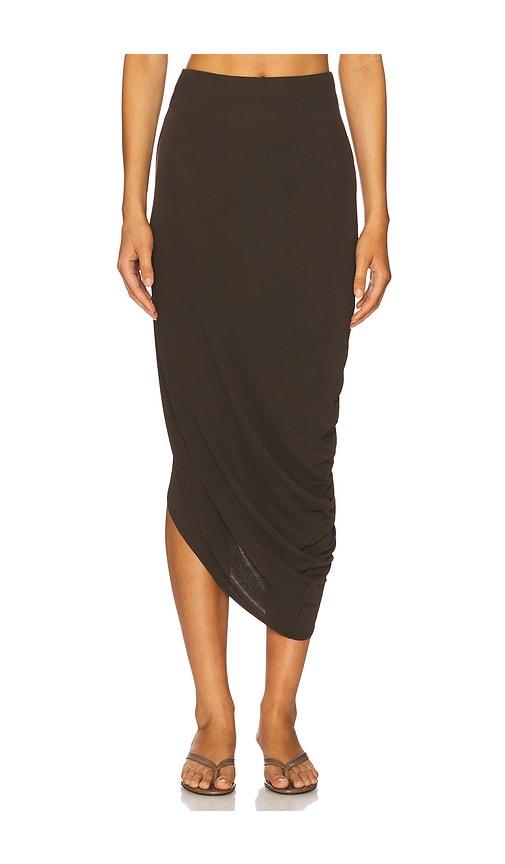 eaves lian twist midi skirt in chocolate.