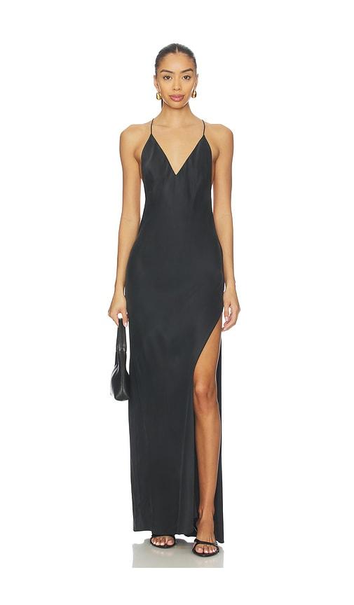 eaves lydia silk maxi dress in black.