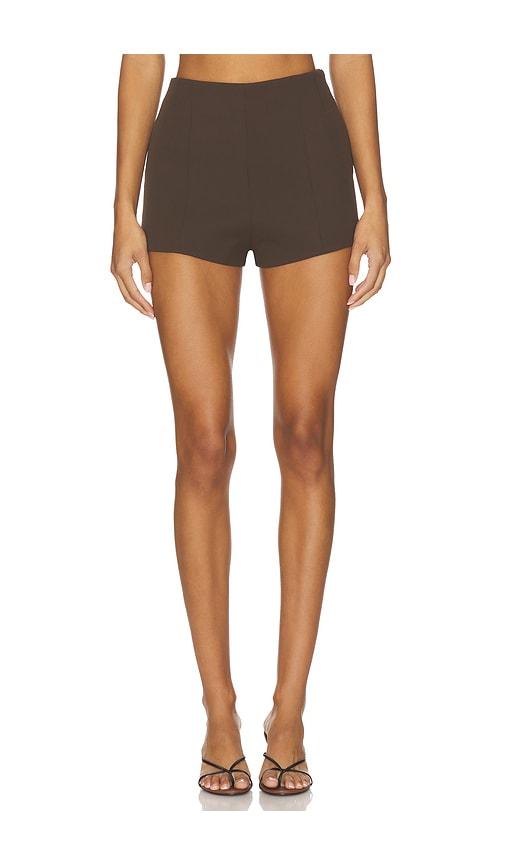 eaves naftali polished crepe mini shorts in chocolate.