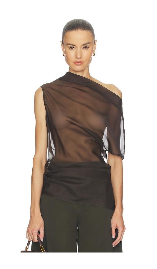 eaves saeunn asym top in brown.