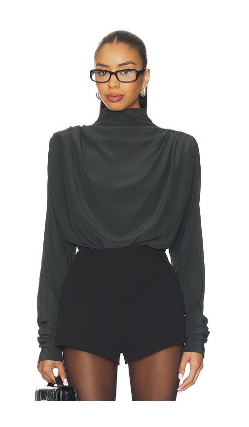 eaves saeunn drape neck blouse in grey.