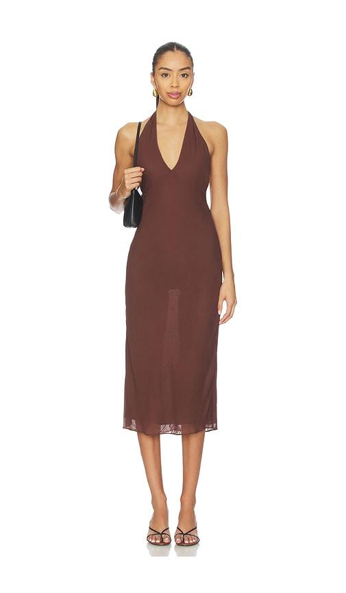 eaves via halter midi dress in brown.