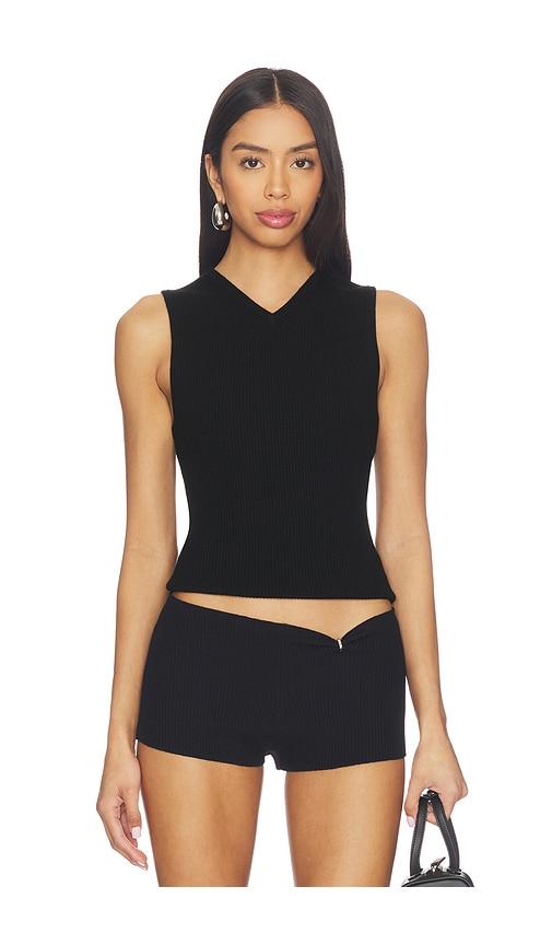 eaves x jasmine tookes susen rib knit v-neck top in black.
