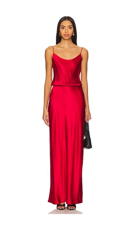 eaves yarden silk maxi dress in red.