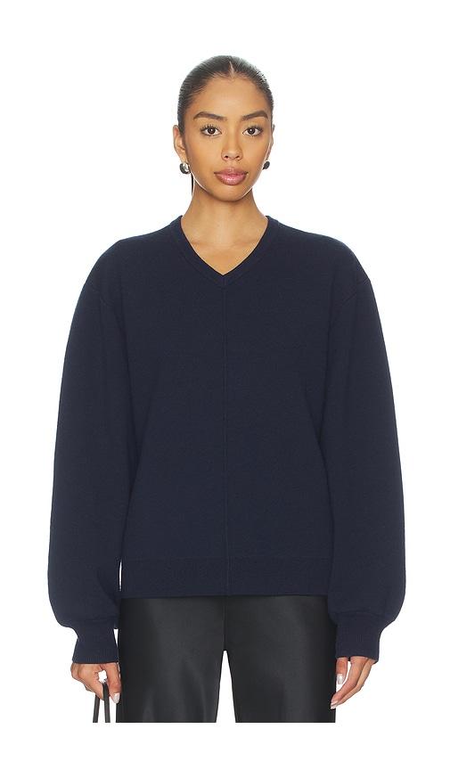 eaves zooey double faced v-neck sweater in navy.