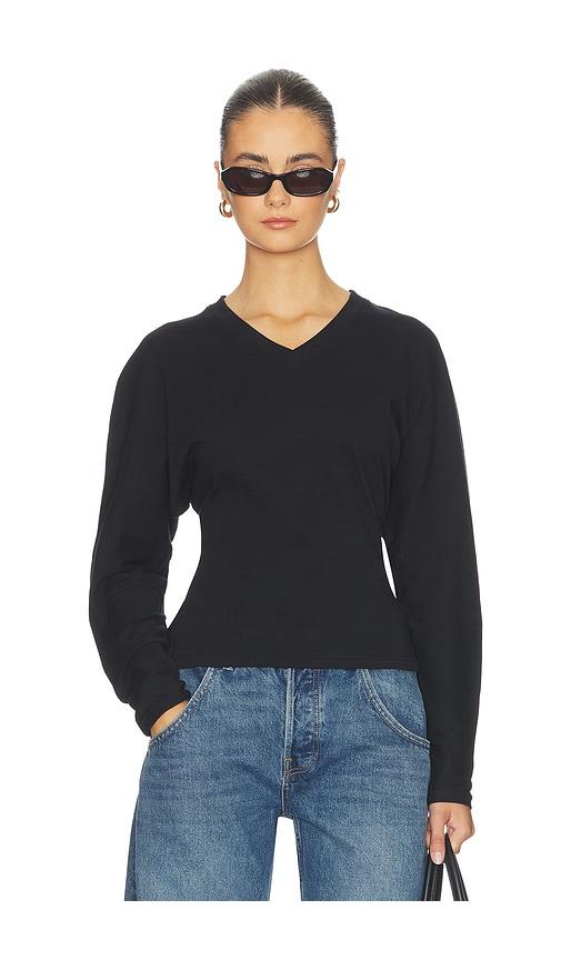 eb denim acacia v neck long sleeve top in black.