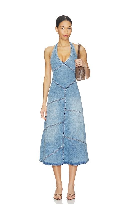 eb denim delphi pieced halter dress in blue.