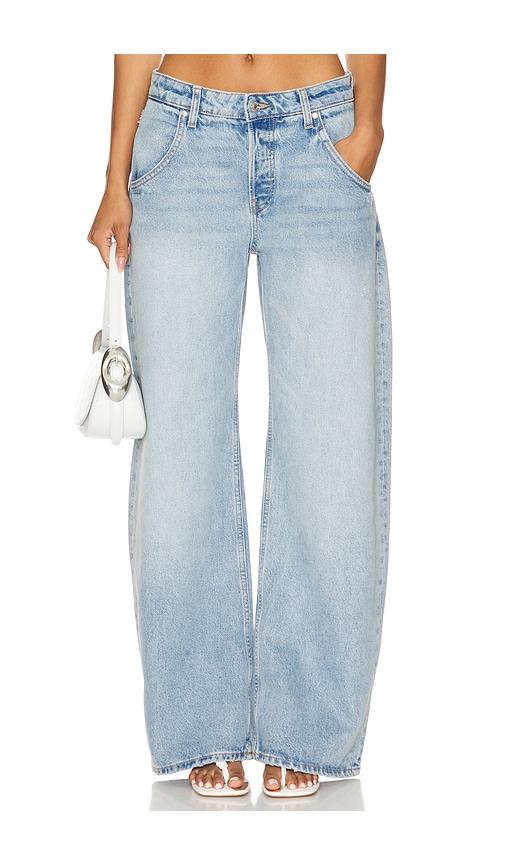 eb denim enzo midrise barrel jeans in denim-light.