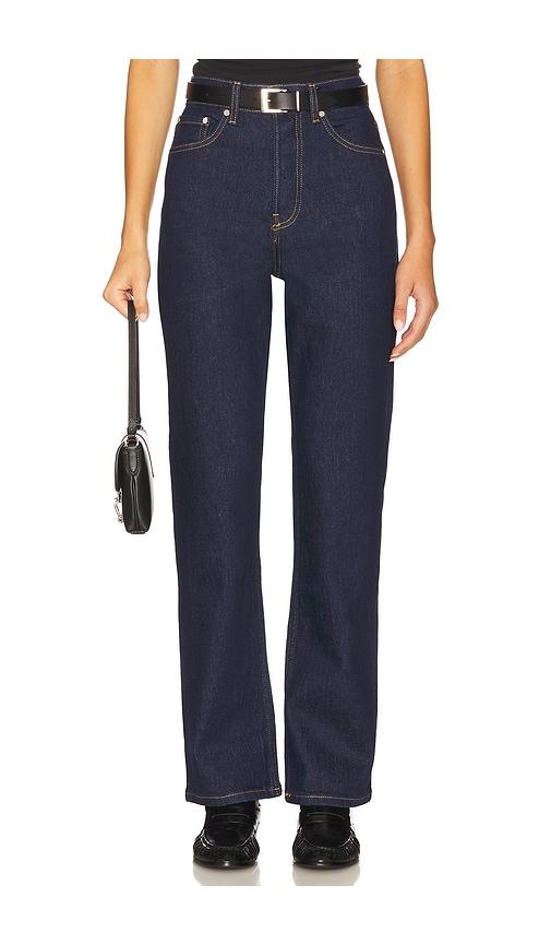 eb denim high rise straight jean in blue.