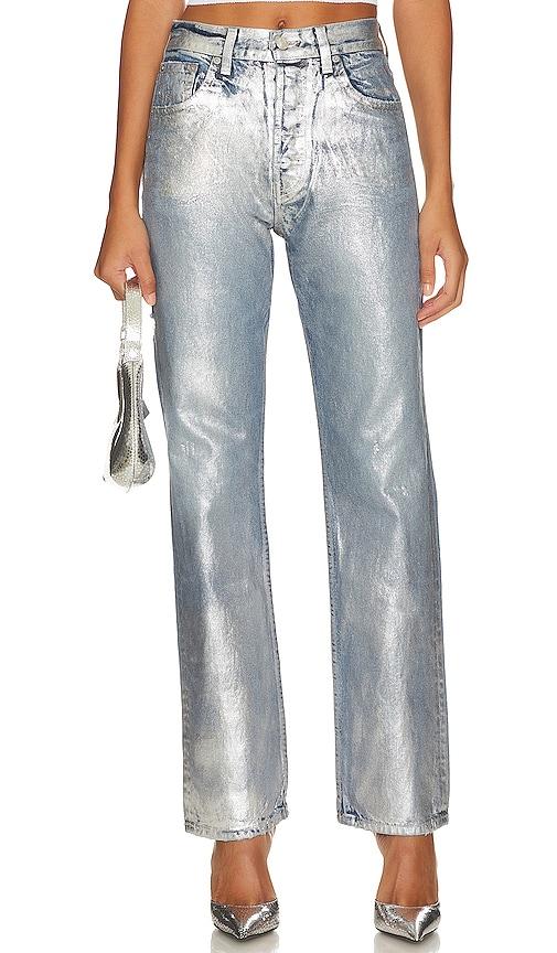 eb denim high rise straight jeans in metallic silver.