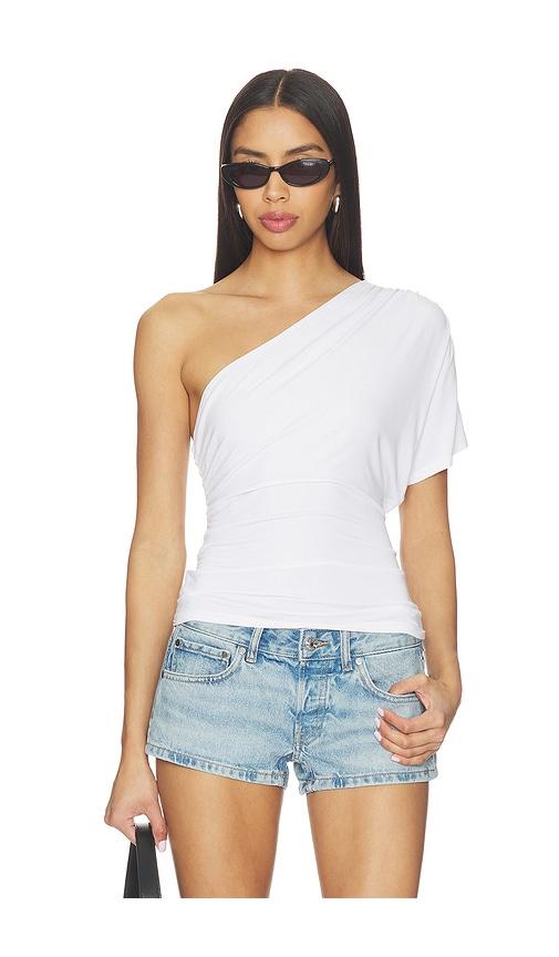 eb denim linnea one shoulder top in white.