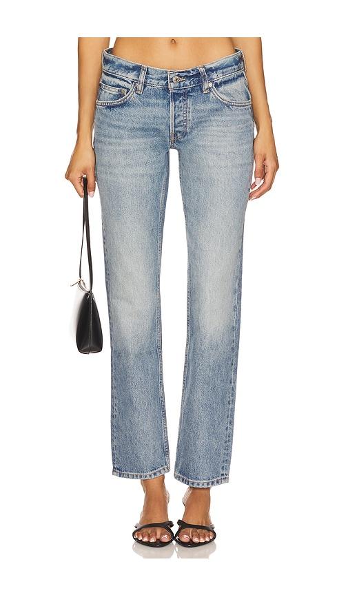 eb denim low rise straight in blue.