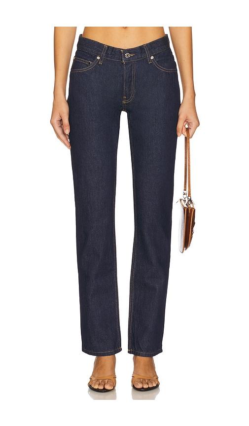 eb denim low rise straight in blue.