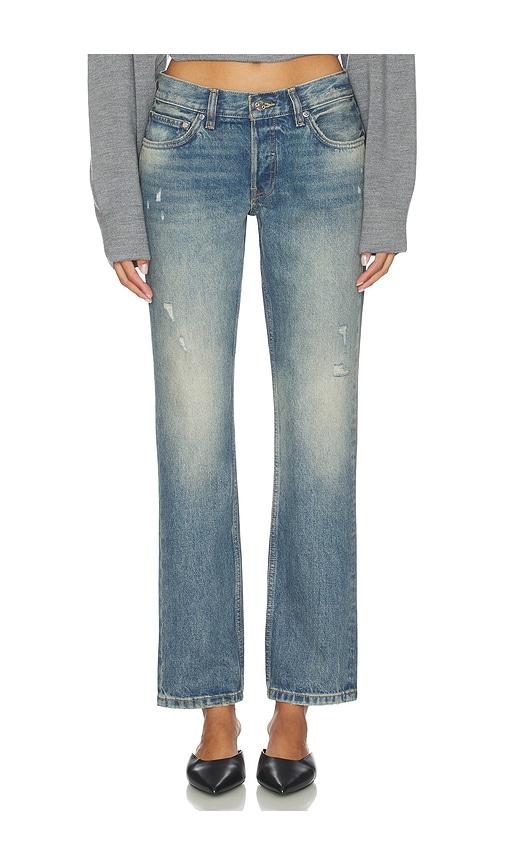 eb denim low rise straight leg in blue.