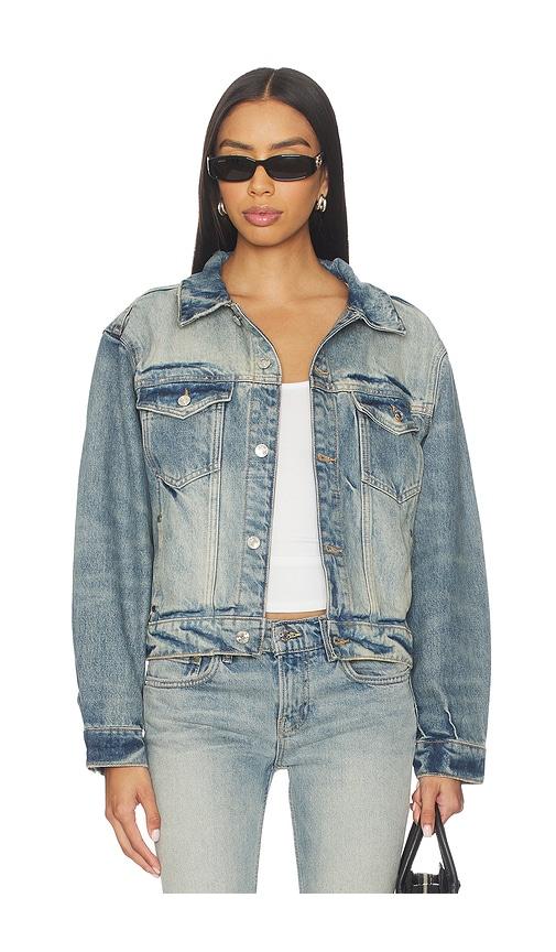 eb denim varsity trucker denim jacket in blue.