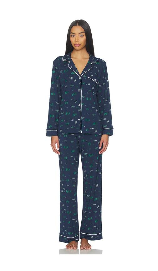eberjey gisele printed long pj set in dark green.