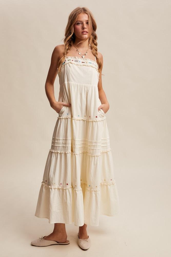 ecru embroidered ruffle tiered maxi dress